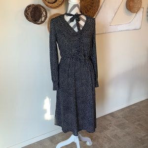 Lulus Polka Dot Midi Dress with Tie-neck Detail